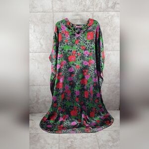 Dark Floral Goddess Caftan House Dress Oversized Nightgown V Neck Sleep Shirt OS